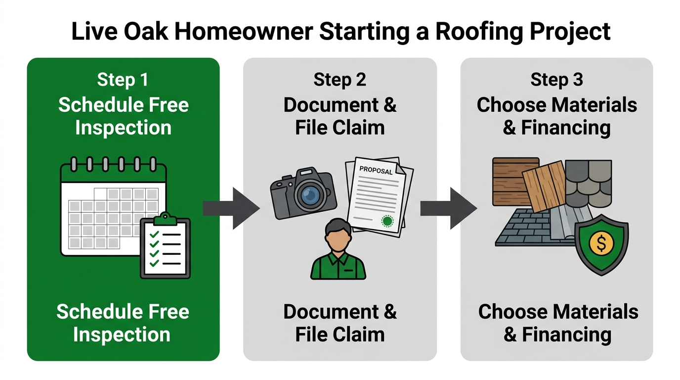 A horizontal process flow diagram with three connected steps illustrating the start of a roofing project in Live Oak: Scheduling an inspection, documenting damage and filing a claim, and choosing materials and securing financing.