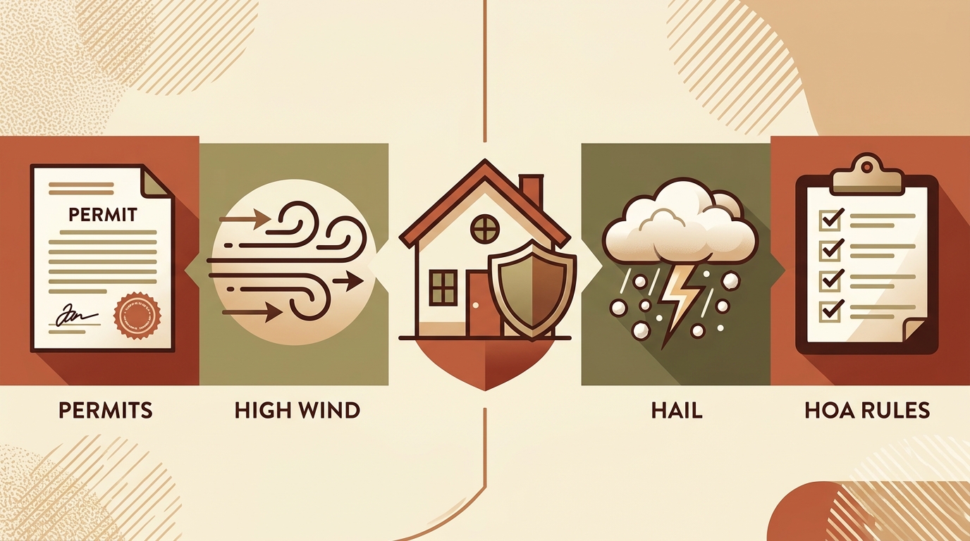 Infographic of local considerations for siding projects in Live Oak, Texas, showing a house with shield icon surrounded by building permit, wind gust, hail, and HOA symbols