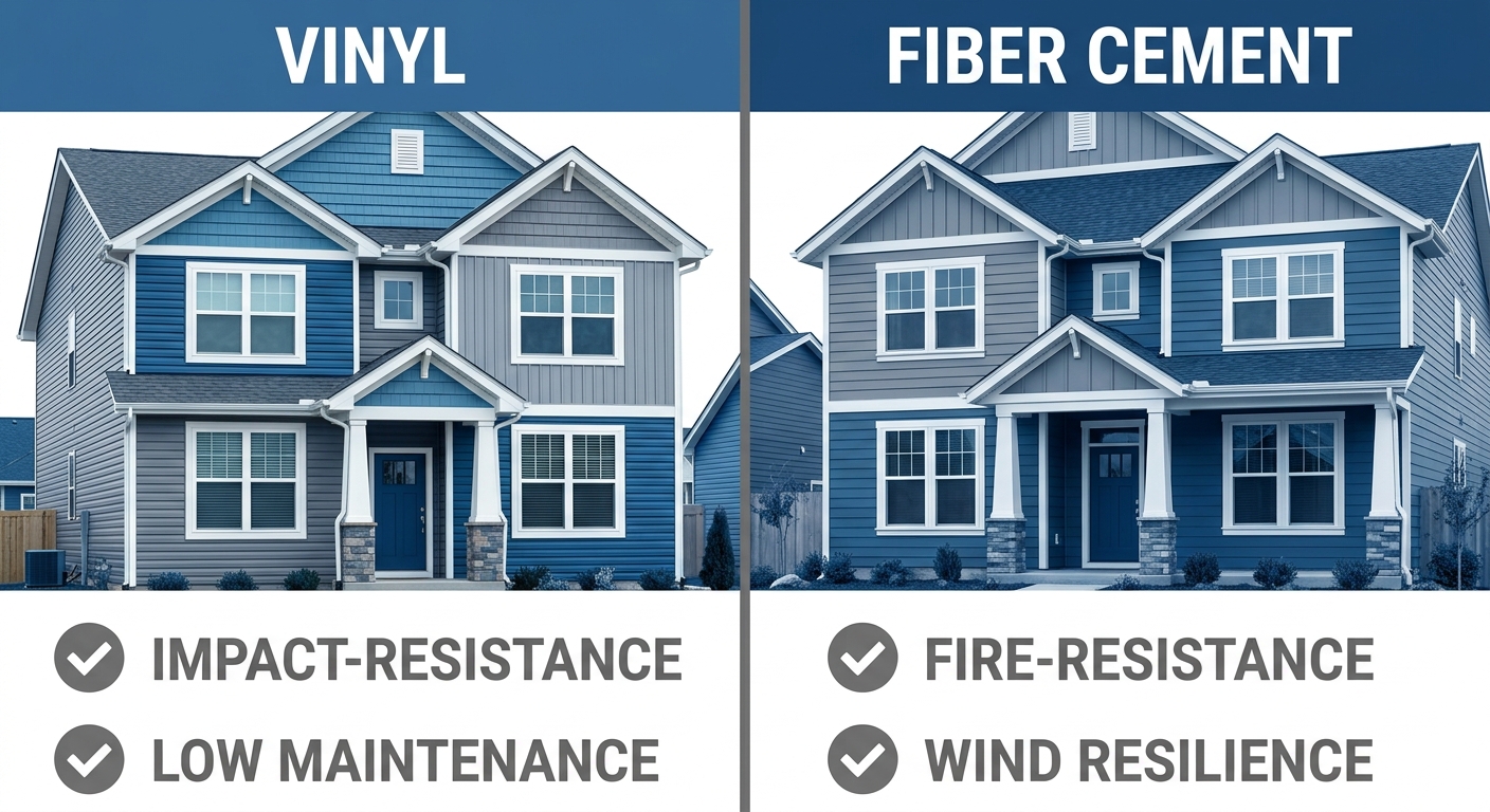 Side-by-side comparison infographic of vinyl and fiber cement siding options for South Texas homes.