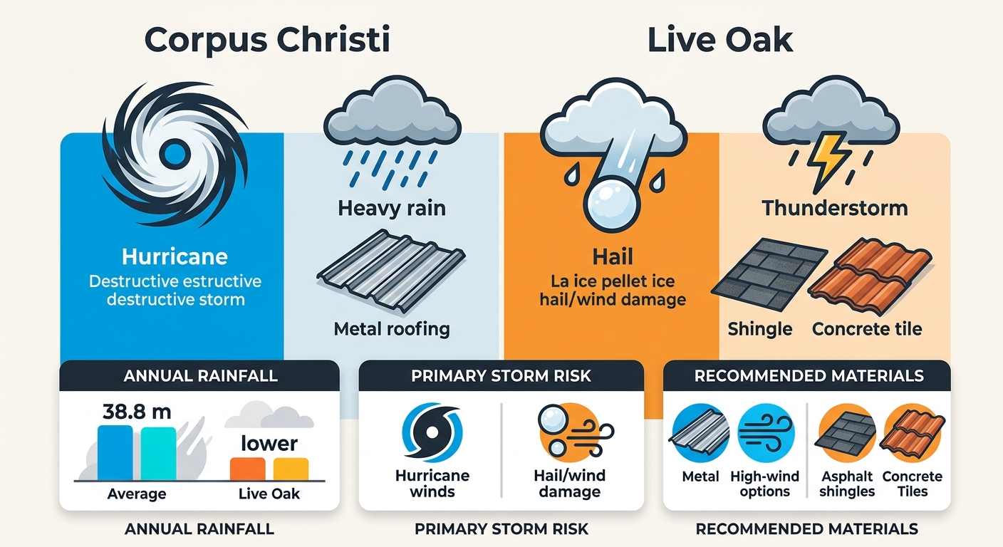 Side-by-side infographic comparing coastal Corpus Christi roofing risks like hurricanes and metal roofs with inland Live Oak conditions including hail, asphalt shingles, and concrete tiles.