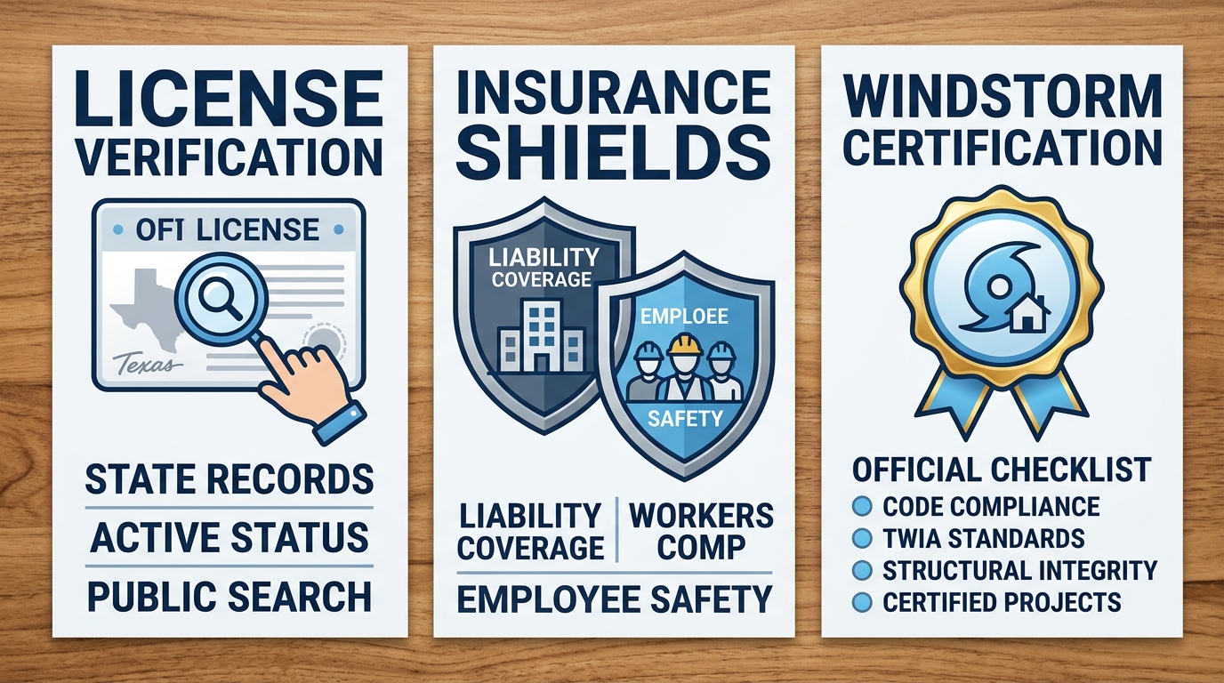 Three-column infographic comparing Texas roofing contractor credentials, including license verification, insurance requirements, and windstorm certification.