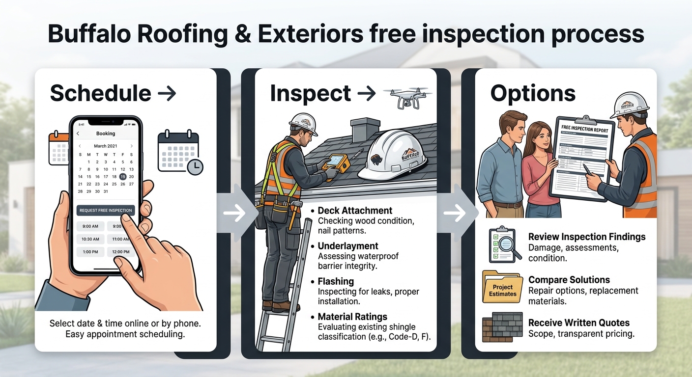 Process flow showing the three steps for a free roof inspection: Schedule, Inspect, and Options, based on building code standards for windstorm certification.