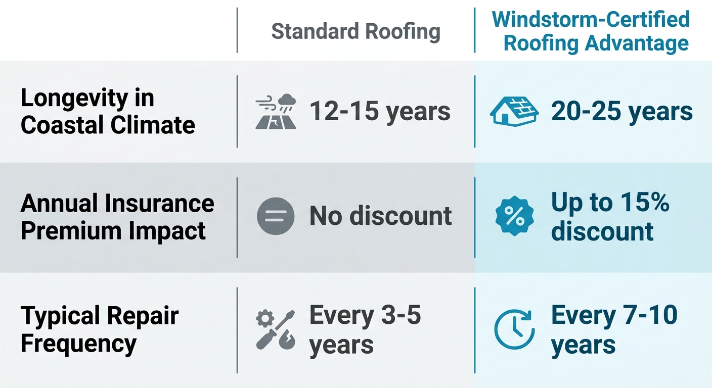 Comparison table showing standard vs windstorm-certified roofing metrics for longevity, insurance, and repair frequency in South Texas coastal climate.
