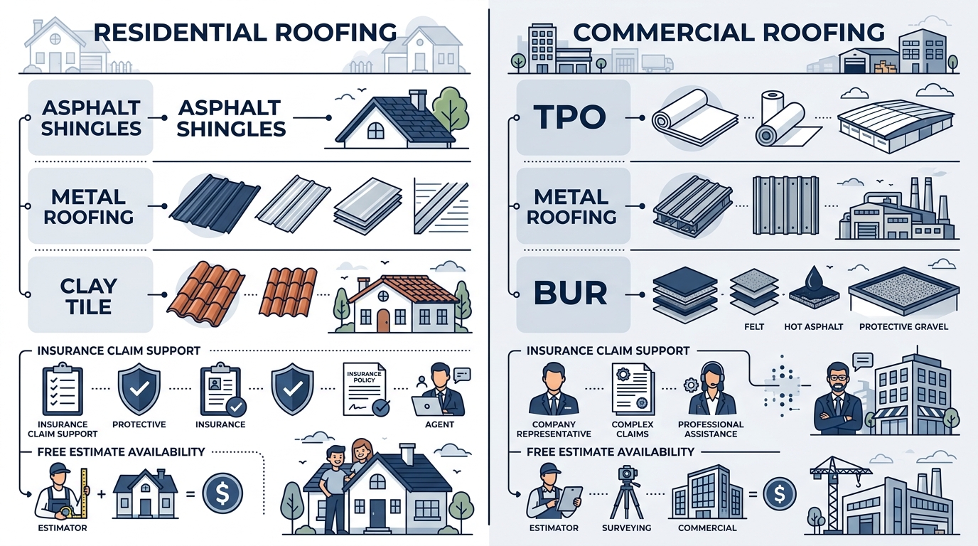 Infographic comparing residential roofing materials like asphalt shingles, metal, and clay tile with commercial options such as TPO, metal, and BUR, alongside insurance support and estimate availability for Robstown property owners.