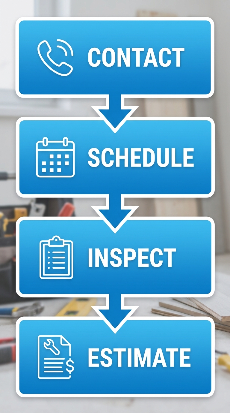 Four-step vertical process flow for emergency roof repair estimate: Contact via phone or online form, schedule visit, on-site inspection by licensed team, receive detailed written estimate. Uses blue gradient cards with white icons and labels.
