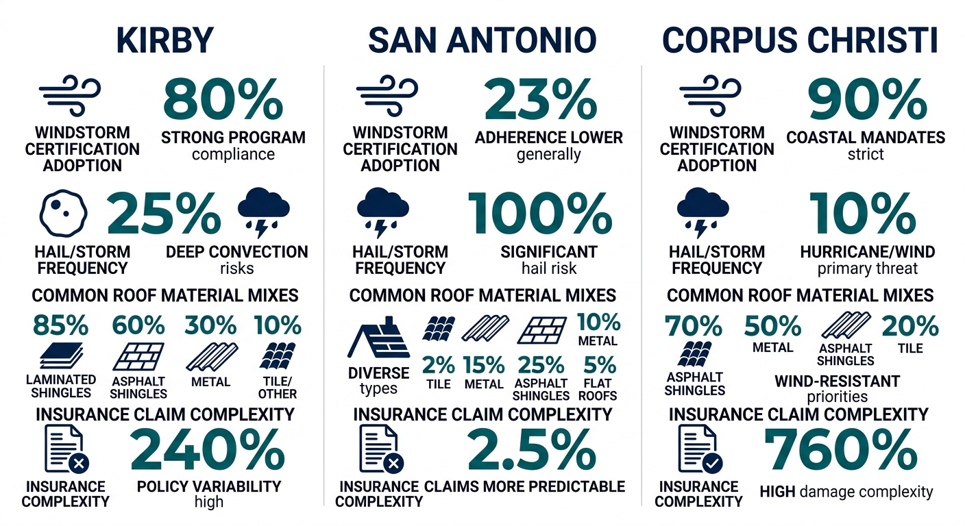 Comparative infographic showing roofing services data for Kirby, San Antonio, and Corpus Christi, highlighting windstorm certification, storm frequency, materials, and claim complexity with a teal and navy color scheme.