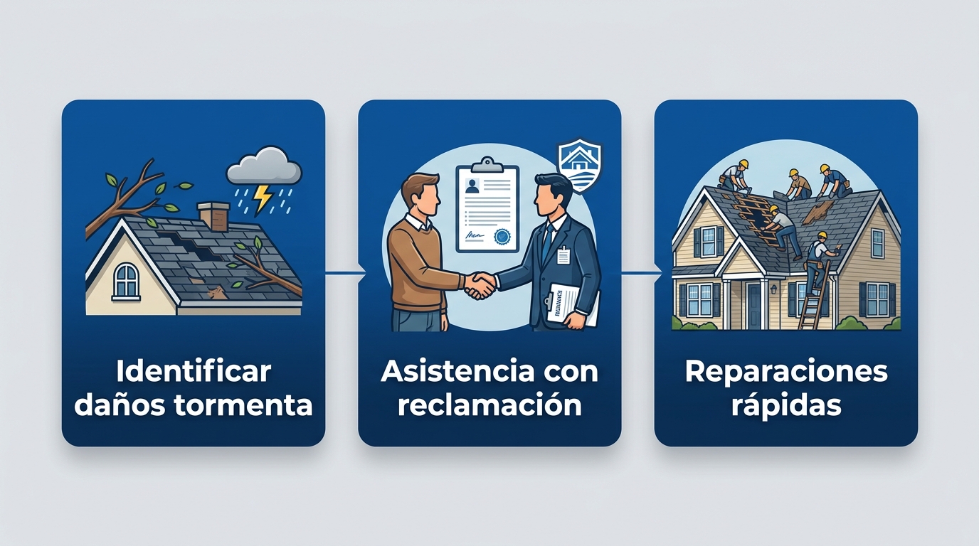 Proceso de tres pasos para reparaciones de daños por tormenta y reclamaciones de seguro de Buffalo Roofing & Exteriors en Kirby