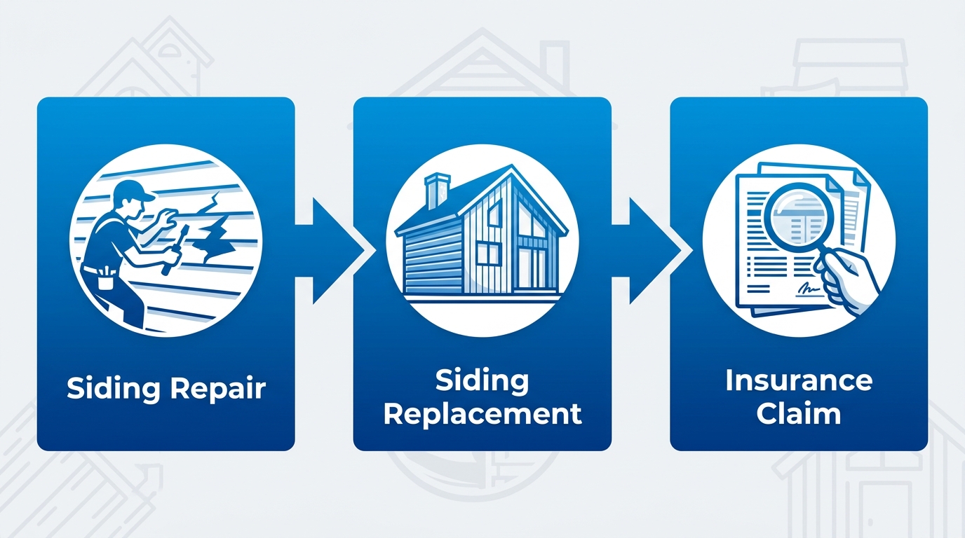 Three-step process showing siding repair, siding replacement, and insurance claim assistance services in Robstown, TX.