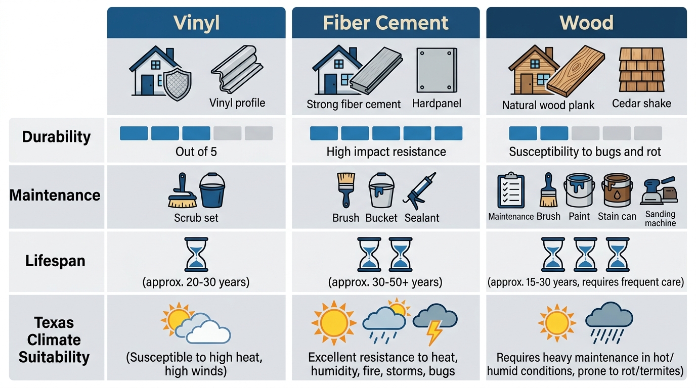 Professional comparison infographic of vinyl, fiber cement, and wood siding materials for South Texas climate, displayed with durability, maintenance, lifespan, and climate suitability icons in a clean blue and gray layout.