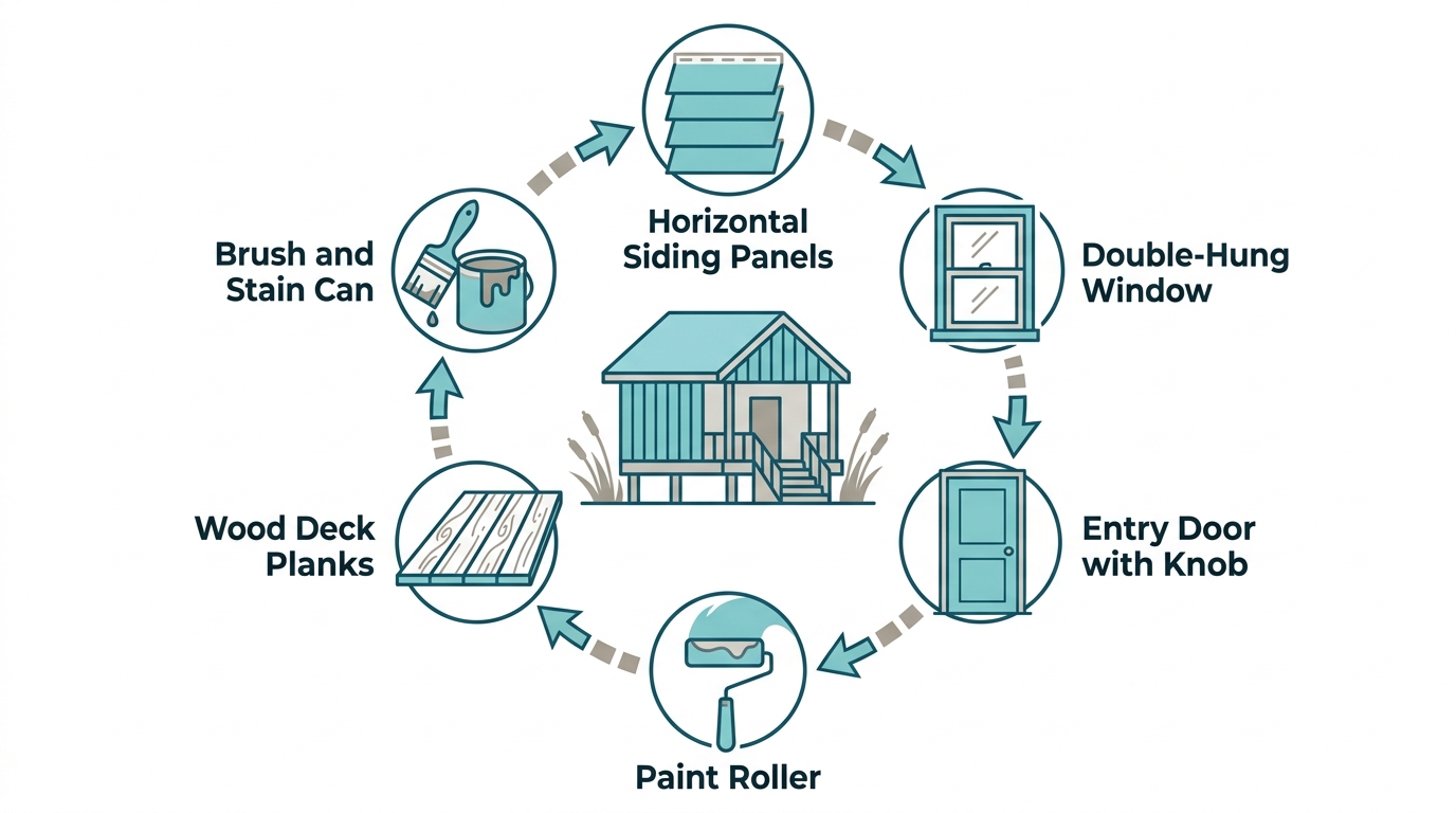 Infographic showing six exterior home service categories in a circular layout around a house icon, emphasizing full-service coastal home protection.