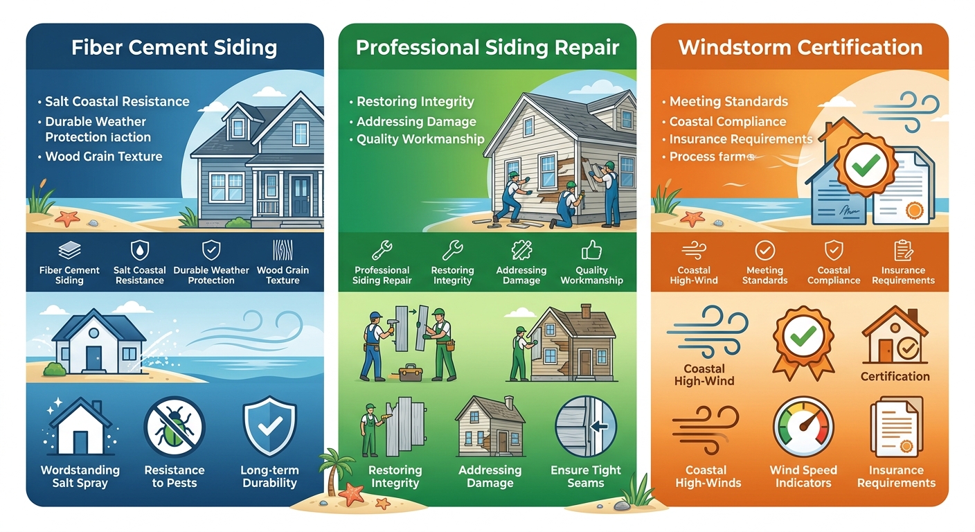 Three-column infographic comparing fiber cement siding, professional siding repair, and windstorm certification for Rockport homes.