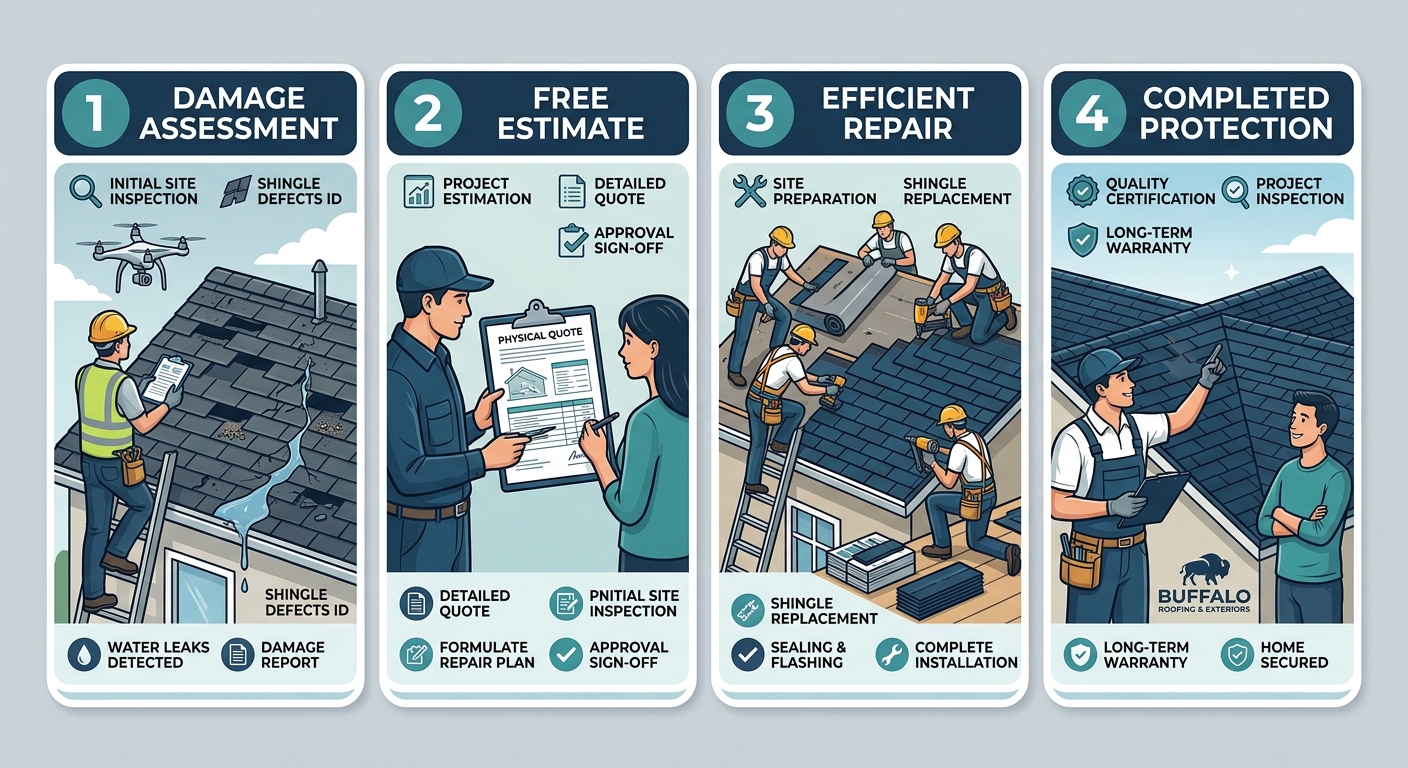 Four-stage infographic showing Buffalo Roofing & Exteriors's roof repair process: damage assessment, free estimate, efficient repair, and completed protection.