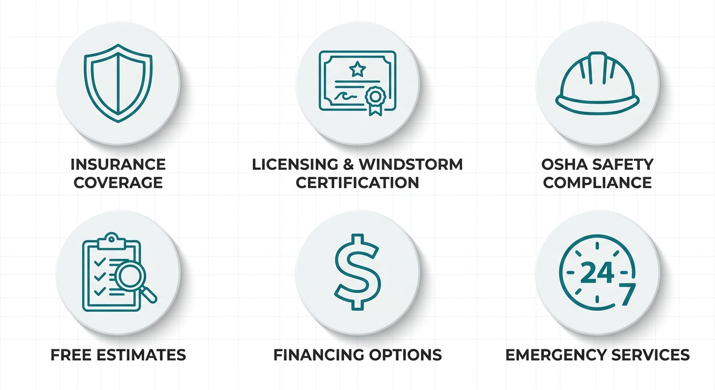 Icon set representing licensed and insured roofing contractor services, including insurance, licensing, safety, estimates, financing, and emergency response.