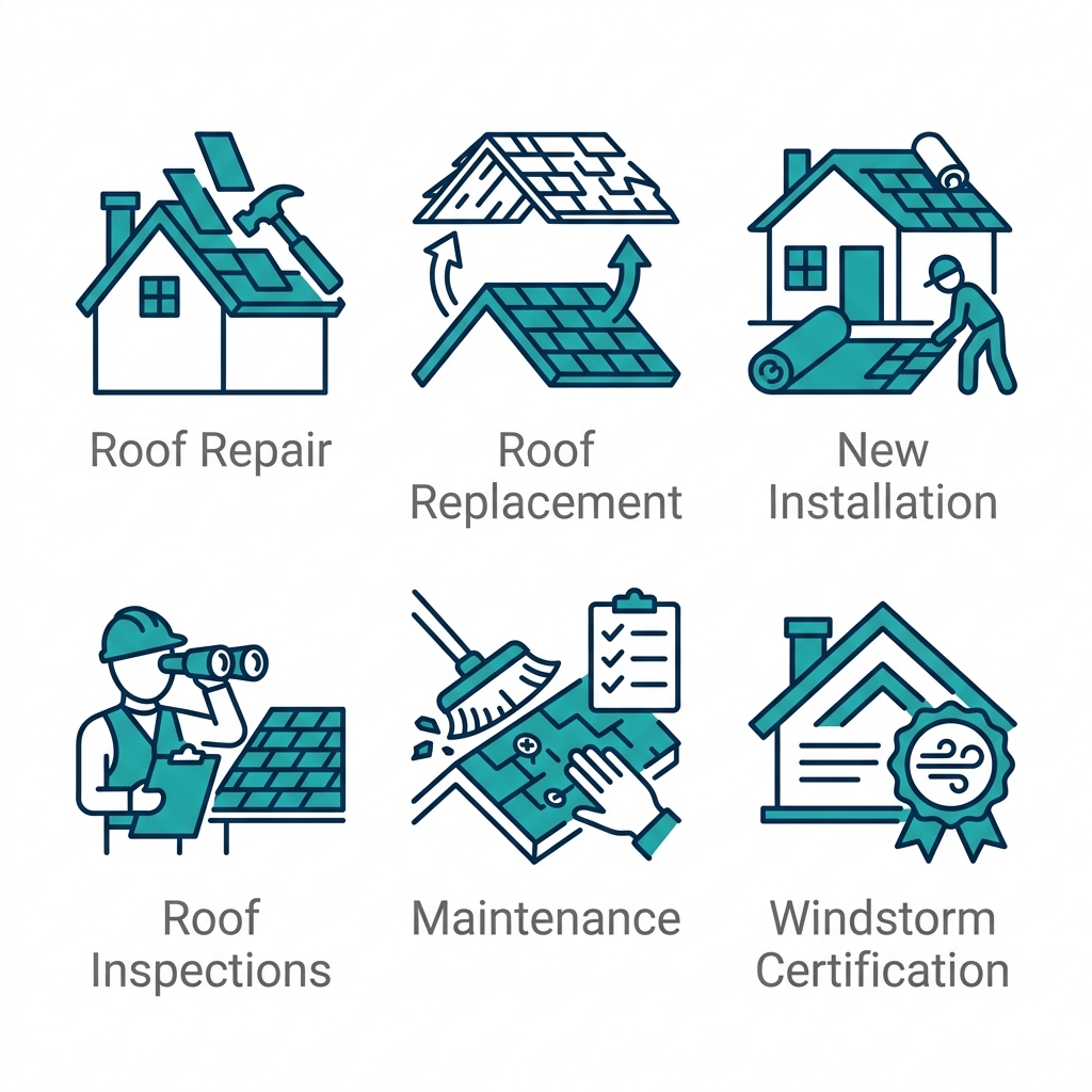 Set of six outline-style icons representing roofing services: roof repair, roof replacement, new installation, inspections, maintenance, and windstorm certification