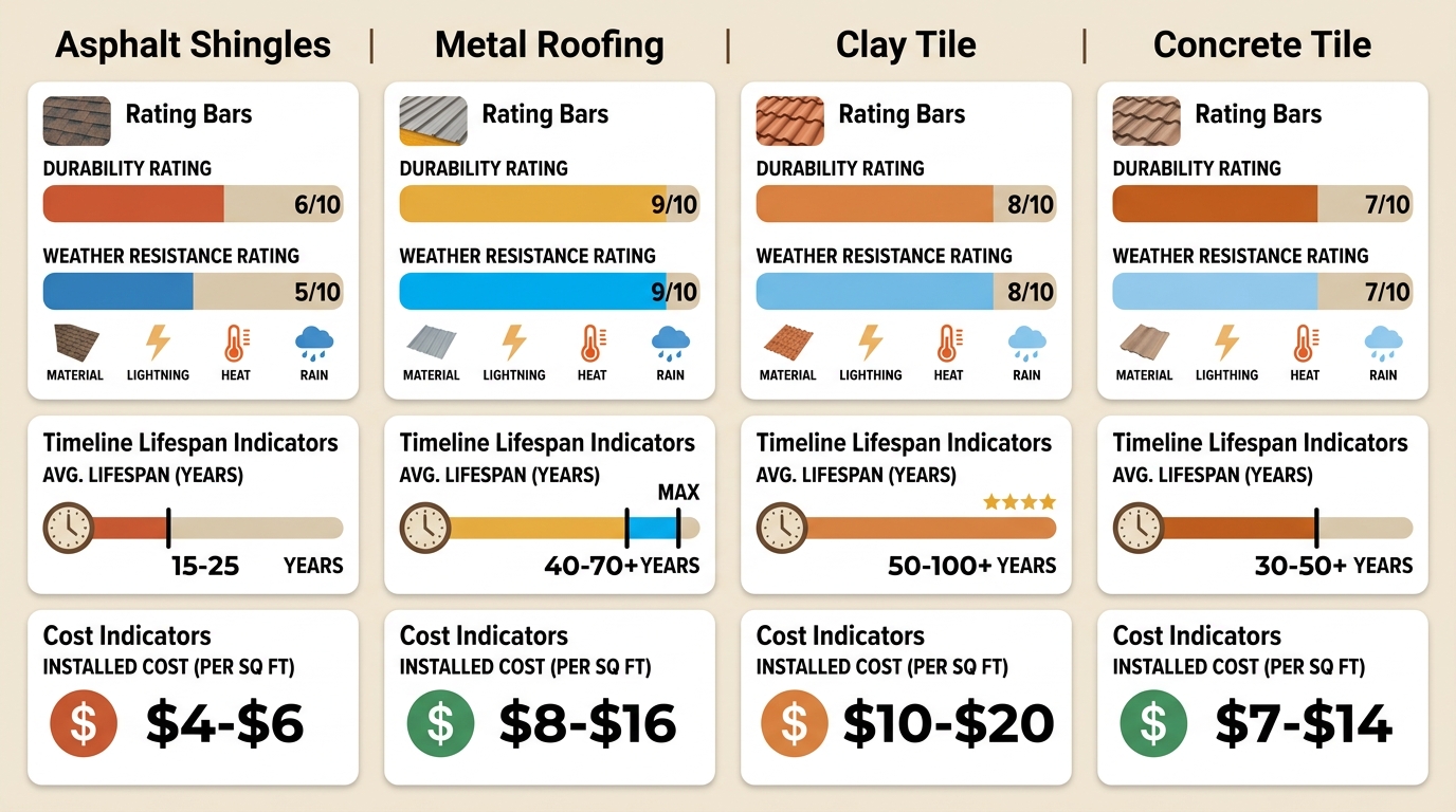 An infographic comparing four roofing materials--Asphalt Shingles, Metal Roofing, Clay/Spanish Tile, and Concrete Tile--using bar ratings for durability, lifespan, and cost, with a clean, professional layout in warm earth tones and blues.