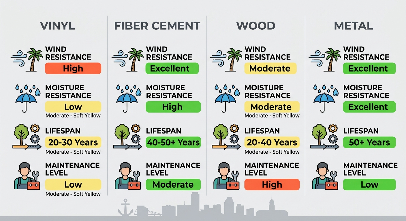 A side-by-side comparison infographic of four siding materials with wind and moisture resistance ratings for Victoria, Texas.