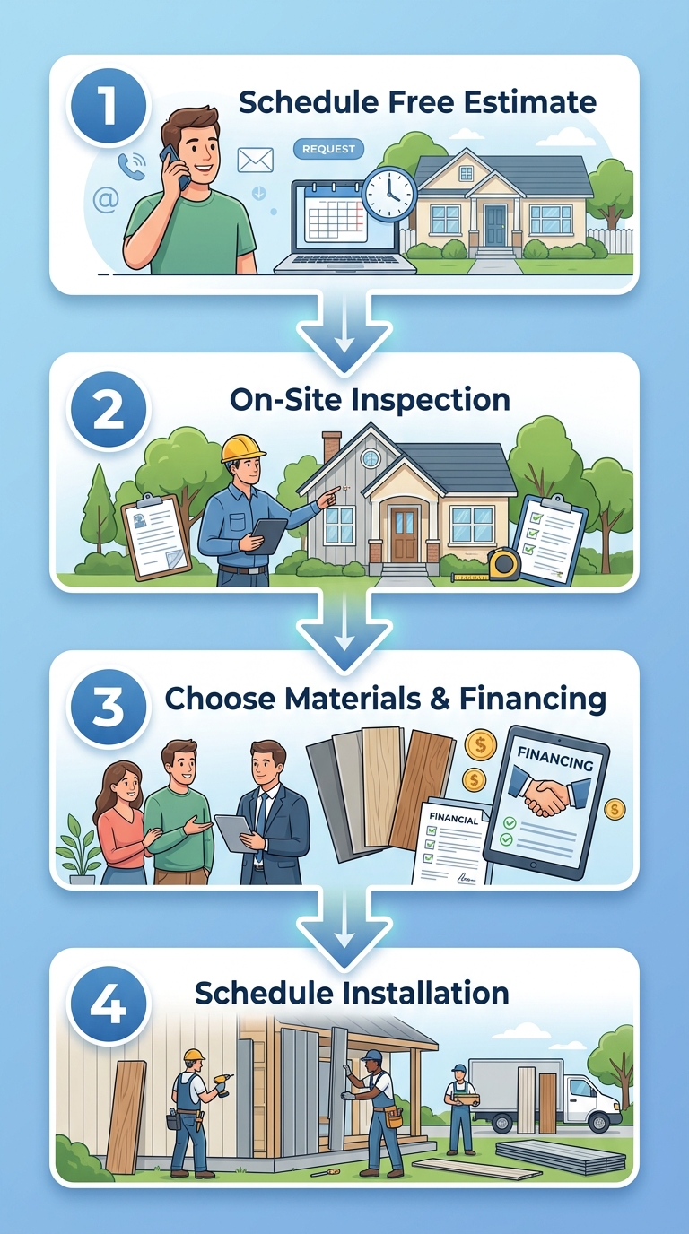 Four-step vertical process flow for starting a siding project in Victoria, Texas, labeled Schedule Free Estimate, On-Site Inspection, Choose Materials & Financing, and Schedule Installation.