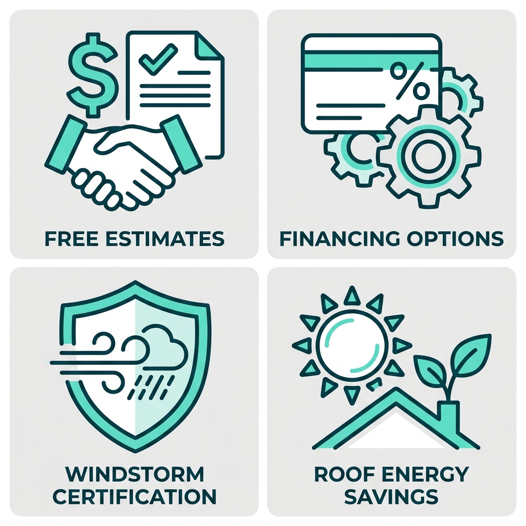 Four professional outline icons representing roofing value services: free estimates, financing, windstorm certification, and energy savings for Victoria, Texas homeowners