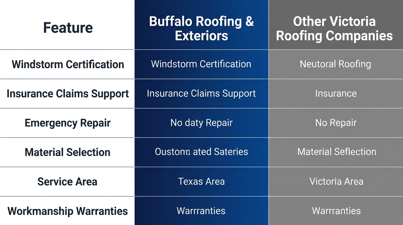 Comparison infographic of roofing features between Buffalo Roofing & Exteriors and other Victoria roofing companies, highlighting windstorm certification, insurance support, and material selection advantages.