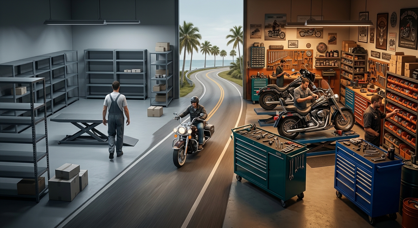 A visual comparison between a cold, impersonal dealership environment and a warm, bustling independent motorcycle workshop, set along a Florida coastal highway.