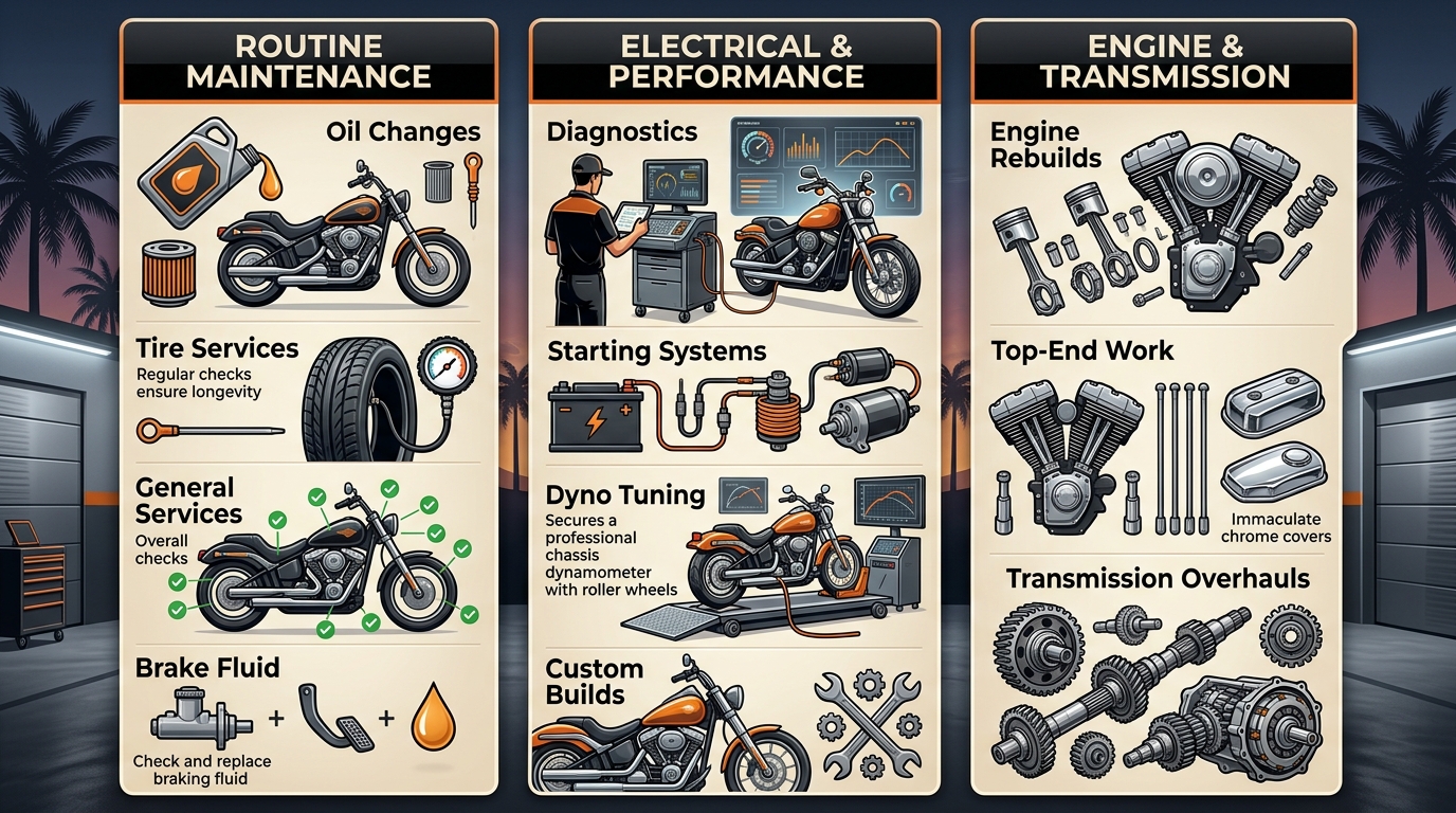 Infographic showing three columns of Harley Davidson repair services: Routine Maintenance, Electrical & Performance, and Engine & Transmission.