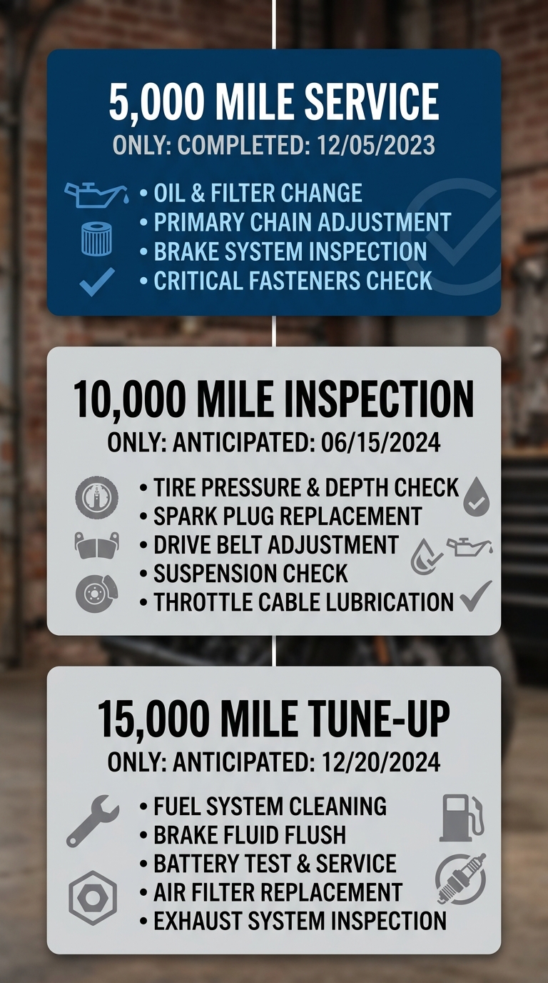 Vertical timeline showing Harley-Davidson maintenance milestones at 5,000, 10,000, and 15,000 mile intervals.