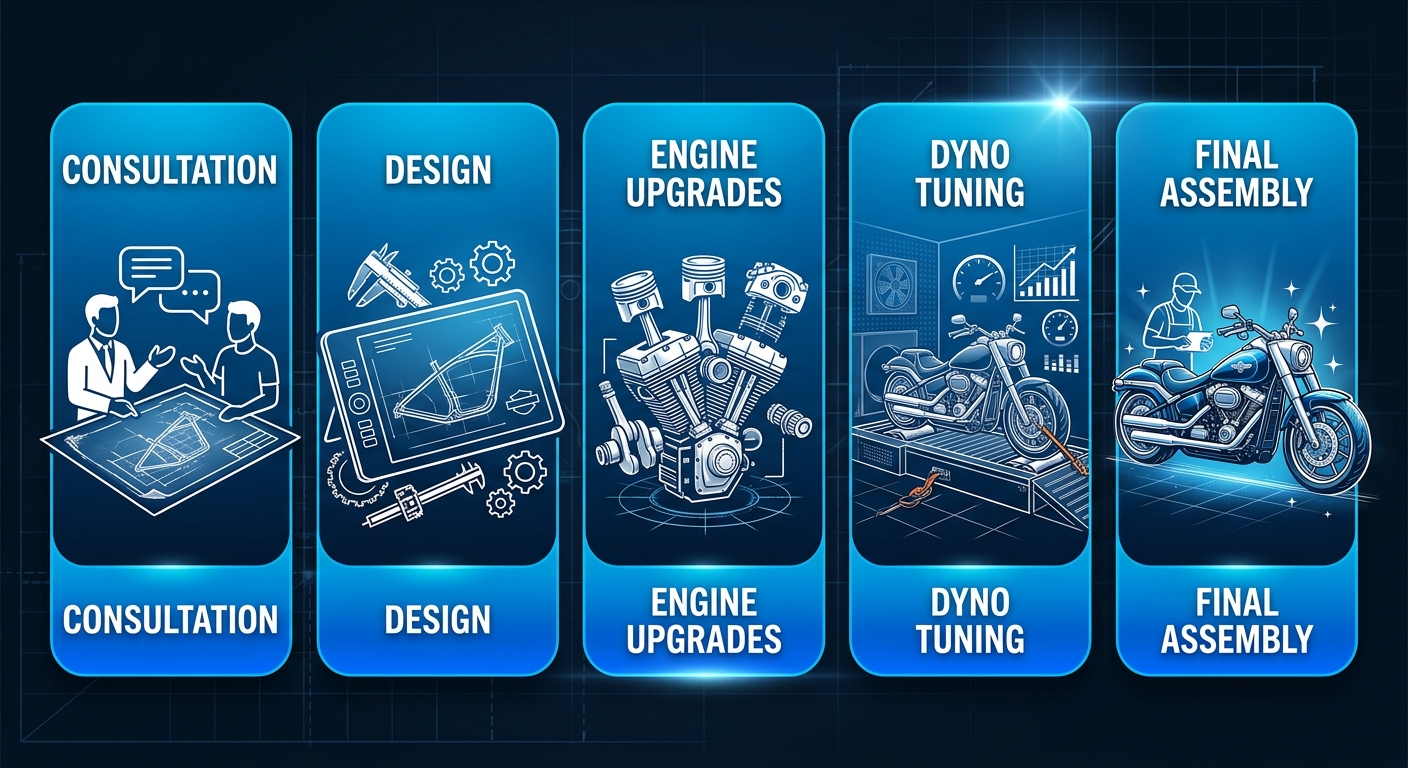 Five-stage horizontal flowchart for a custom Harley-Davidson performance build from consultation to final assembly, on a blue gradient background.