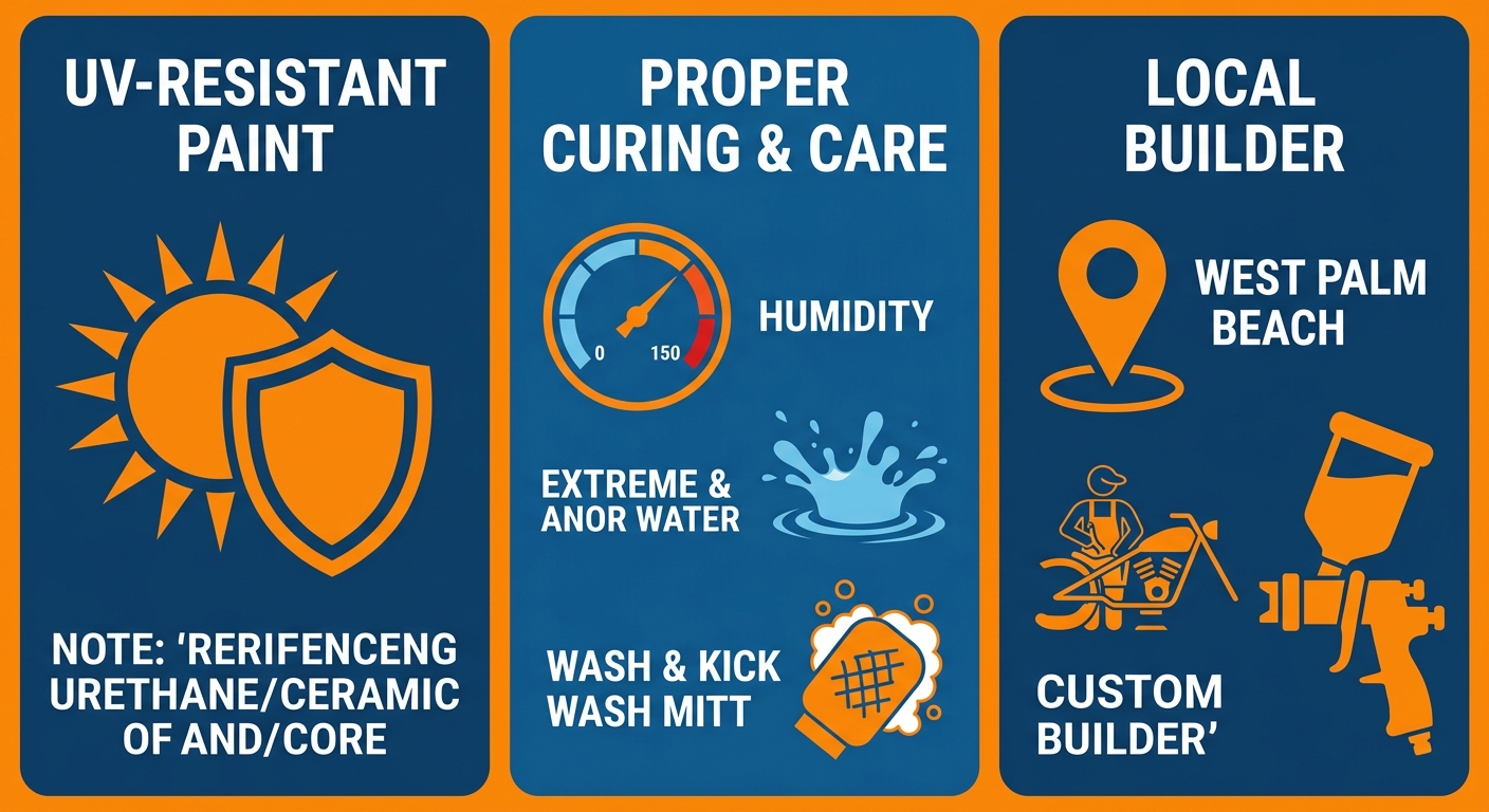 Infographic showing three columns: UV-resistant paint systems, proper curing and care, and local builder advantage for motorcycle paint durability in South Florida.