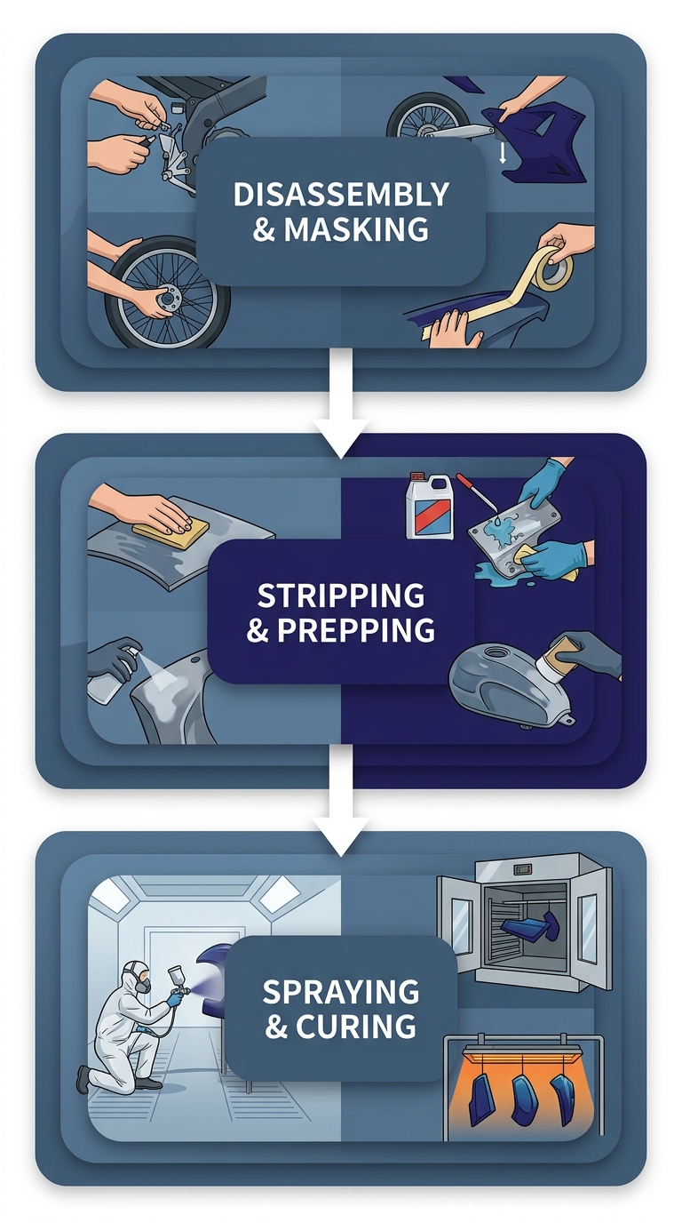 Vertical three-step diagram of a custom motorcycle paint process, showing disassembly and masking, stripping and sanding, and spraying and curing, with connecting arrows and clean rounded stages.