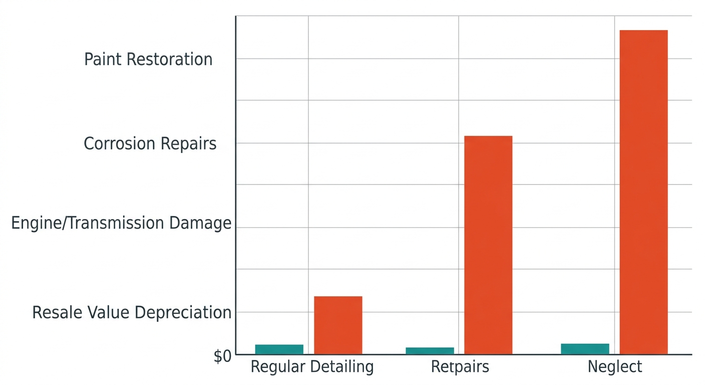 A clean business bar chart comparing annual costs of motorcycle detailing versus neglect across four categories.