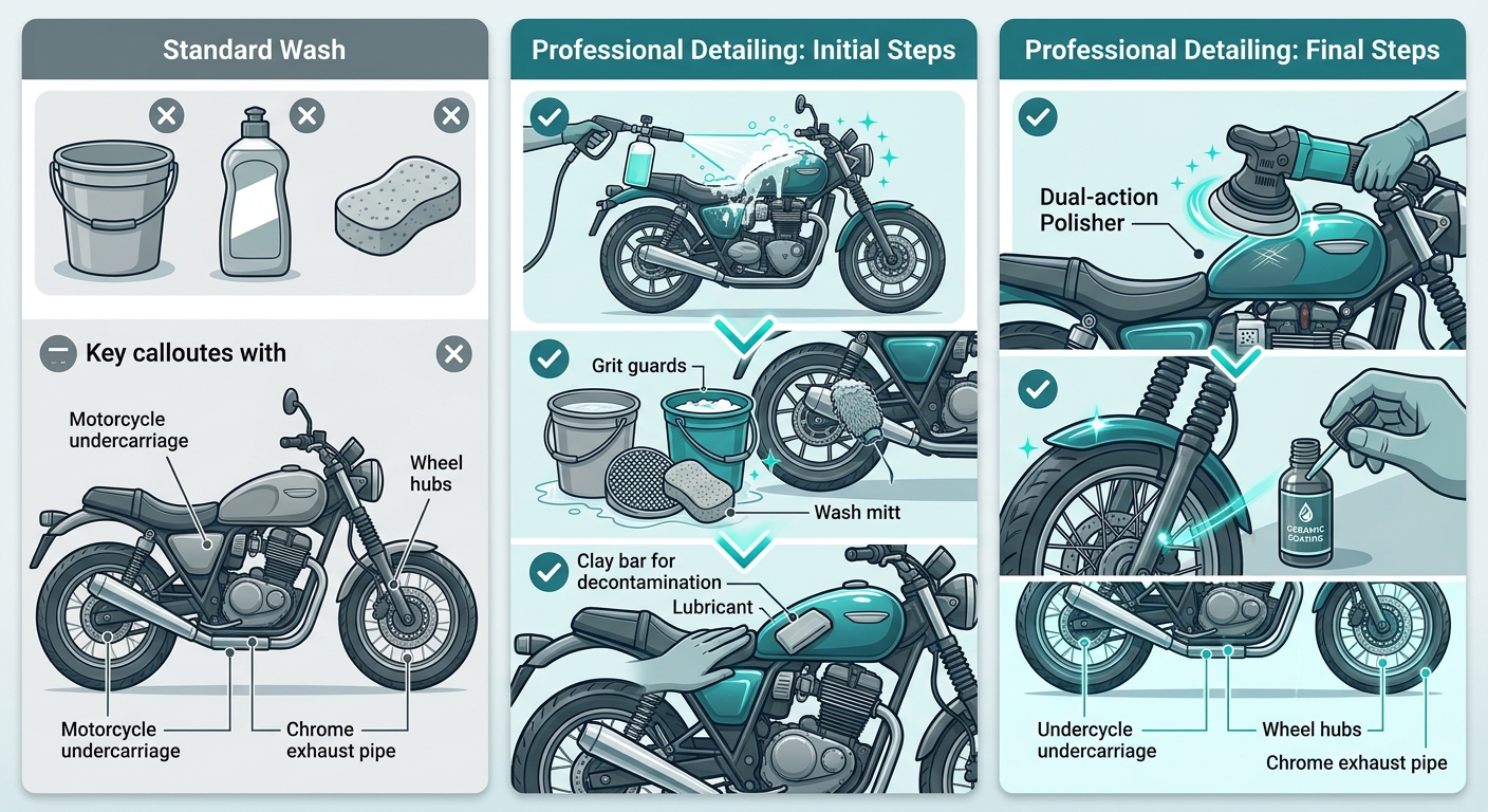 Side-by-side comparison showing basic motorcycle wash components on the left versus a comprehensive multi-step professional detailing process on the right, with highlighted hidden surface areas.