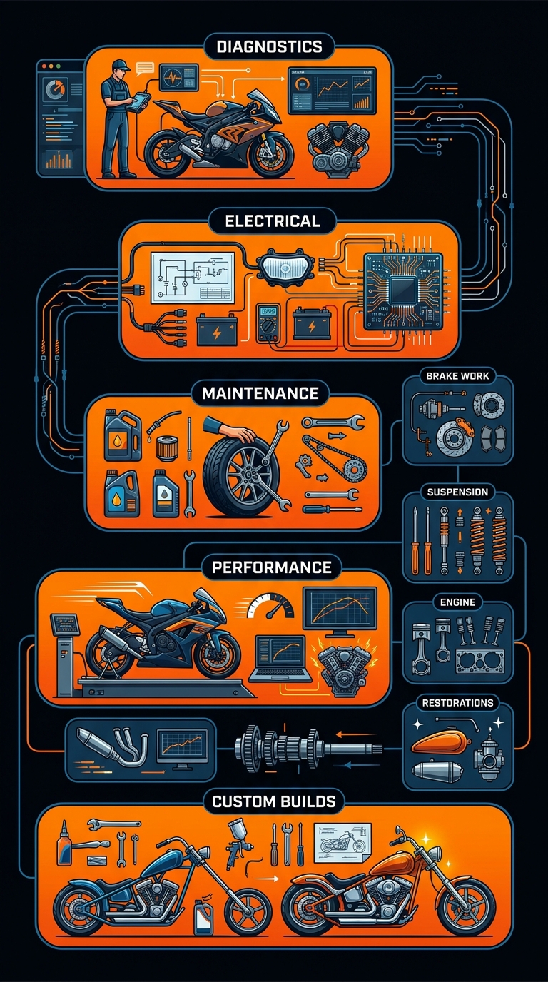 Vertical process flow diagram illustrating the five main stages of Harley Davidson motorcycle service at Manic Cycle, from diagnostics to custom builds, on a dark background with orange accents.