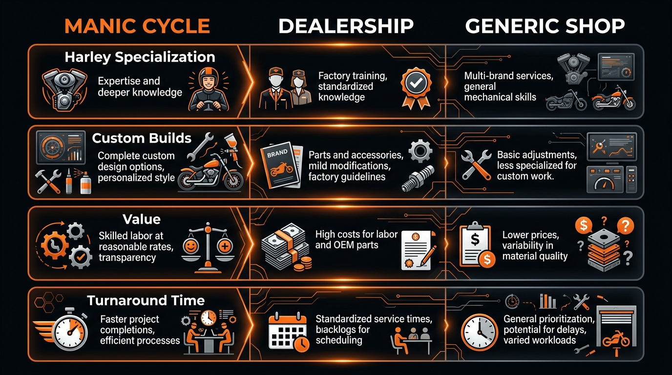 Motorcycle Service Comparison: Manic Cycle vs. Dealership vs. Generic Shop