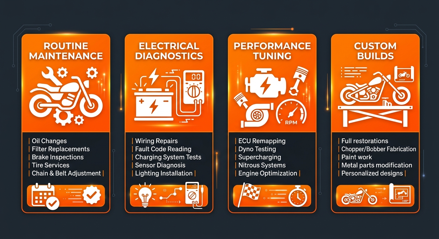 Infographic showing four Manic Cycle motorcycle repair service categories: Routine Maintenance, Electrical Diagnostics, Performance Tuning, and Custom Builds, each with a representative icon and description.