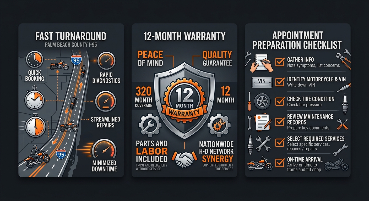 Infographic showing three key factors for Boynton Beach riders choosing a Harley repair shop.