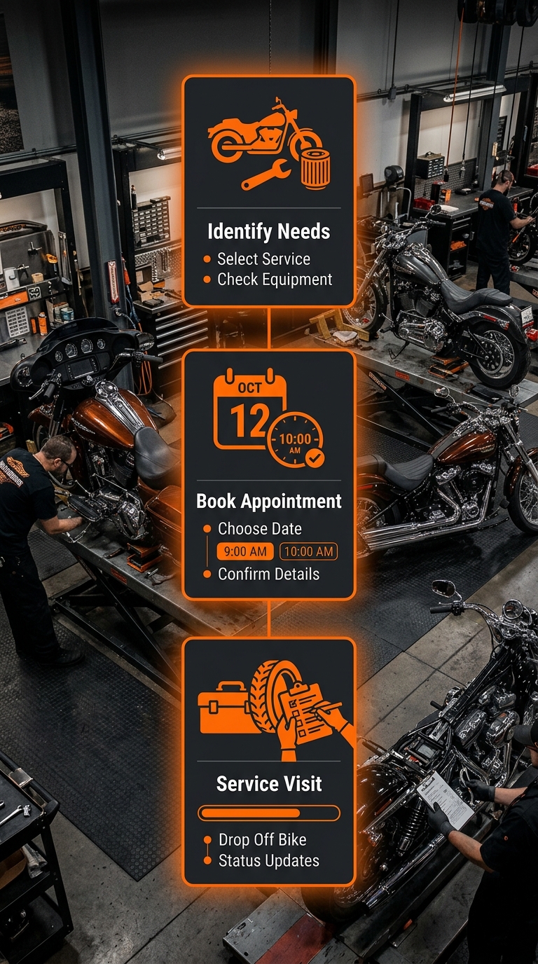 Three-step vertical process flow showing how to schedule a Harley-Davidson service appointment at Manic Cycle in West Palm Beach, Florida.