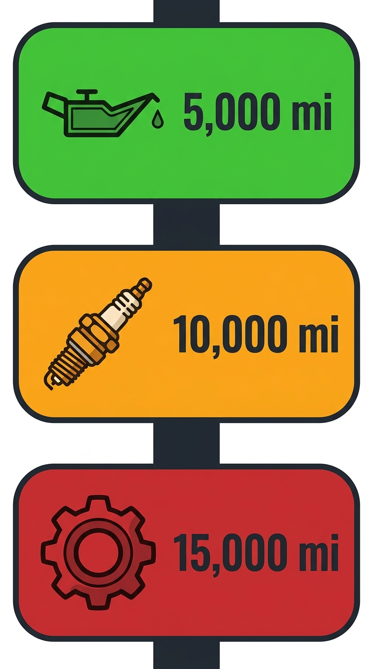 A close-up vertical timeline diagram showing three essential Harley-Davidson service checkpoints at 5,000, 10,000, and 15,000 miles, using green, orange, and red color-coded cards with icons for an oil change, spark plug inspection, and transmission check.