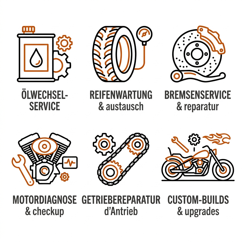 Satz von sechs Motorrad-Service-Icons, darunter Ölwechsel, Reifen, Bremsen, Motordiagnose, Getriebereparatur und Custom-Builds, im Harley-Stil mit Orange und Schwarz auf Weiß.