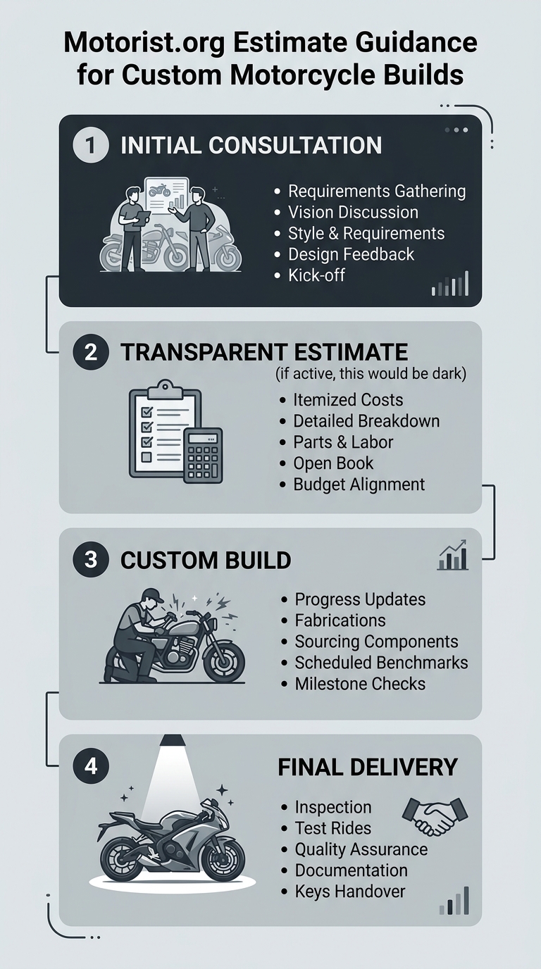 Four-step process for custom motorcycle build, from consultation to final delivery.
