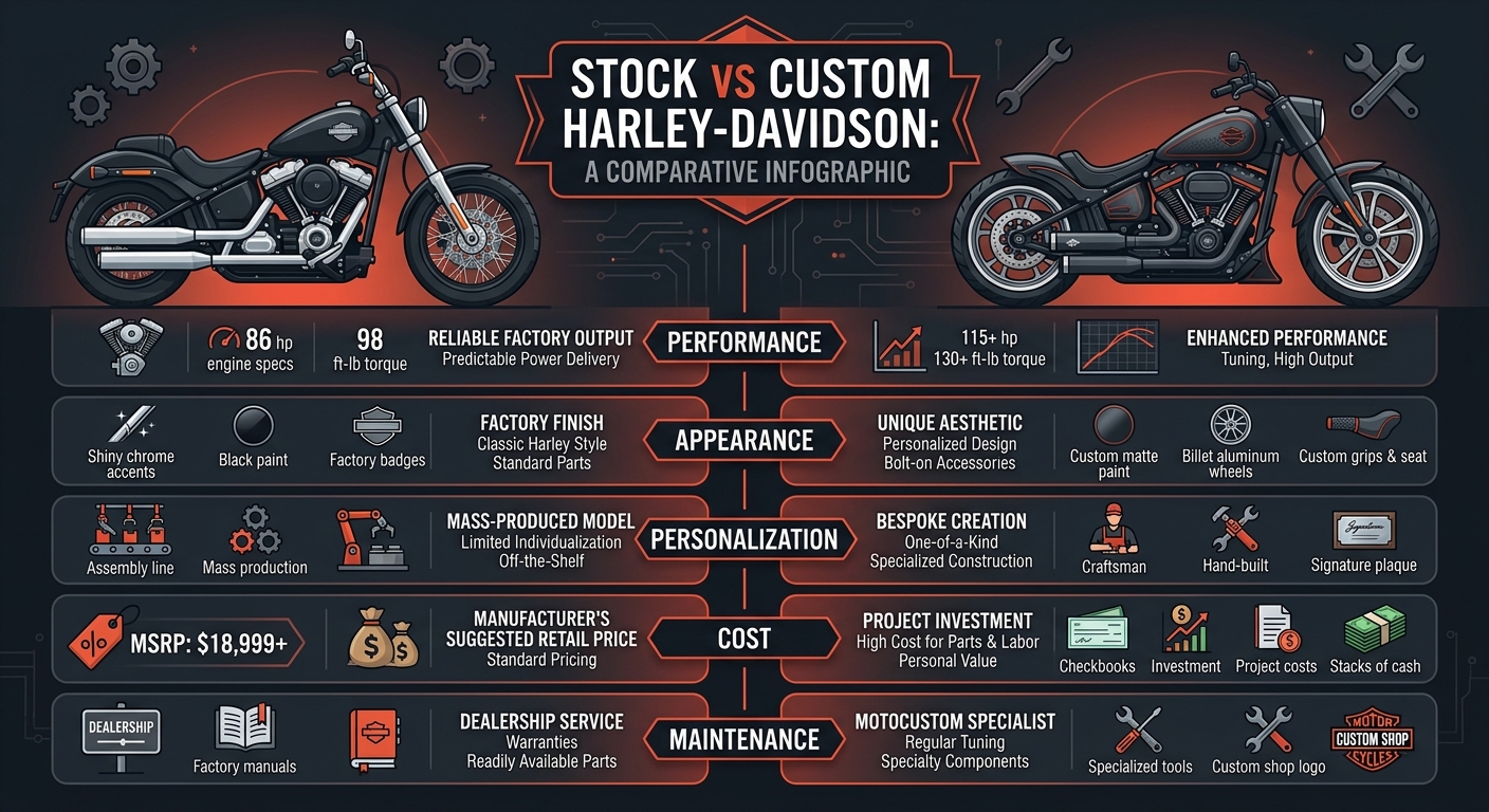 Infographic comparing stock and custom Harley-Davidson motorcycles across five key categories.