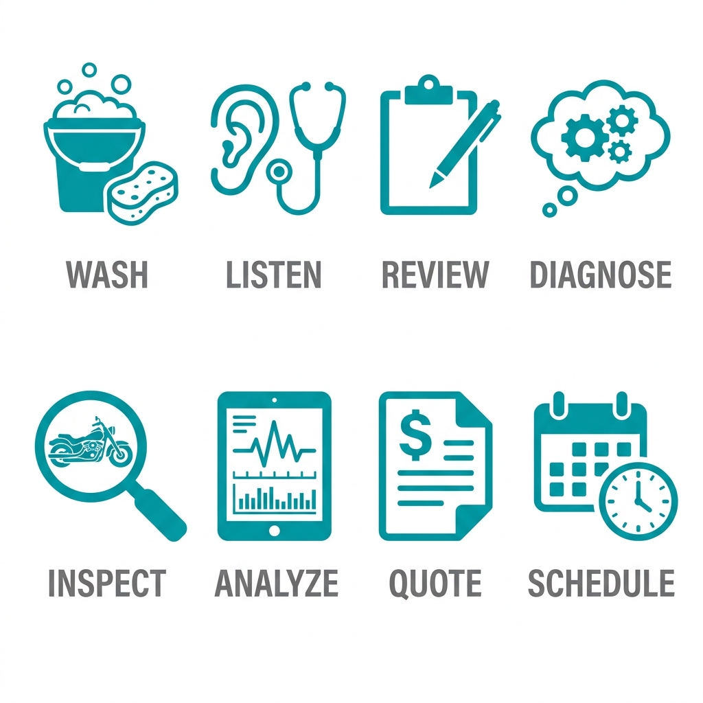 A 2x4 grid of eight teal icons guiding a first-time Harley Davidson client through the service journey at Manic Cycle in West Palm Beach, from cleaning and diagnostics to estimates and scheduling.