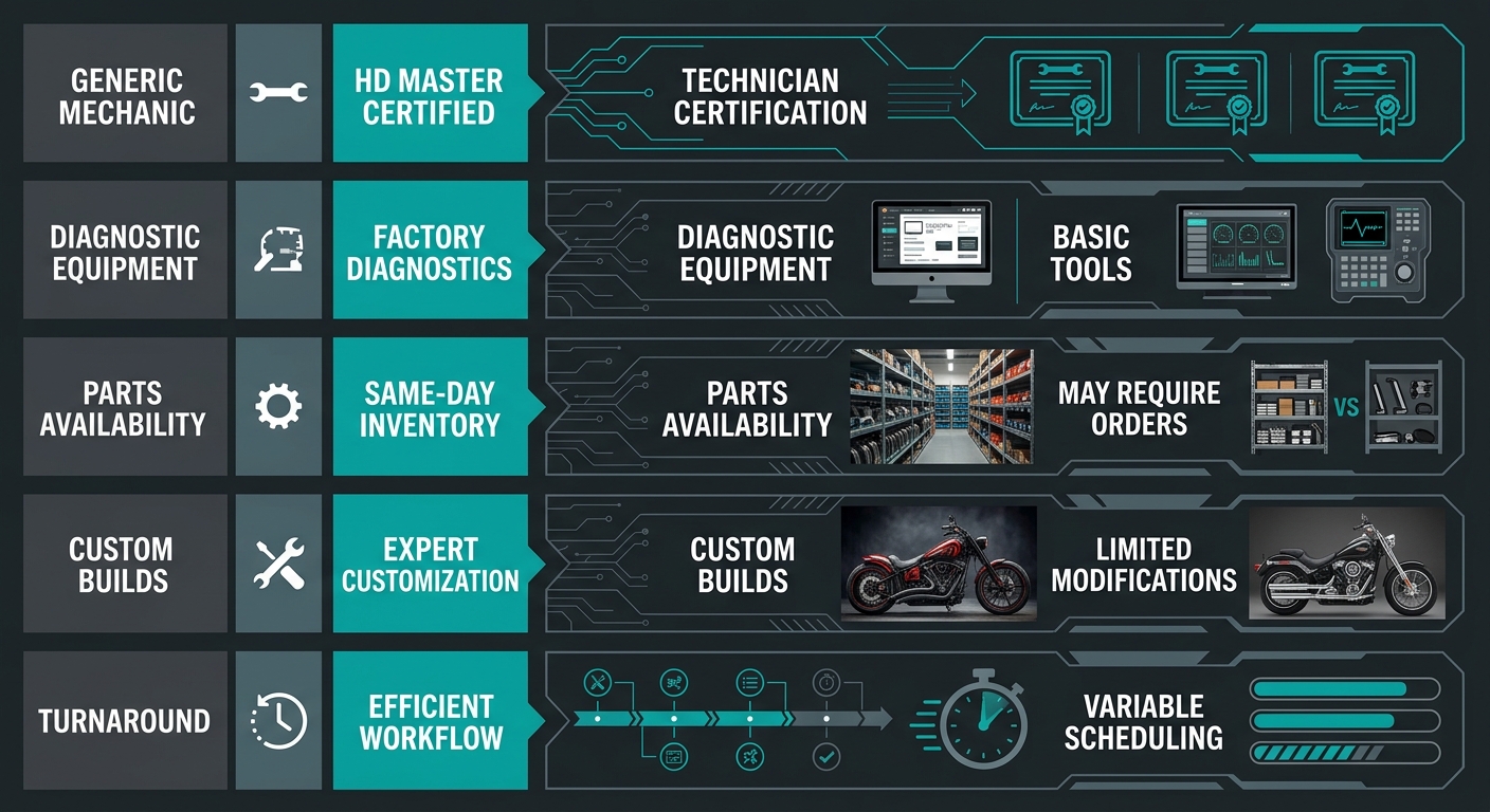 Infographic comparing a general motorcycle shop versus Manic Cycle across five key service aspects.