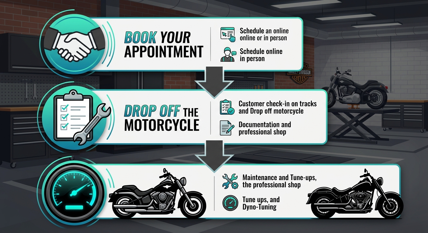 Three-stage vertical process flow for booking Harley Davidson service at Manic Cycle