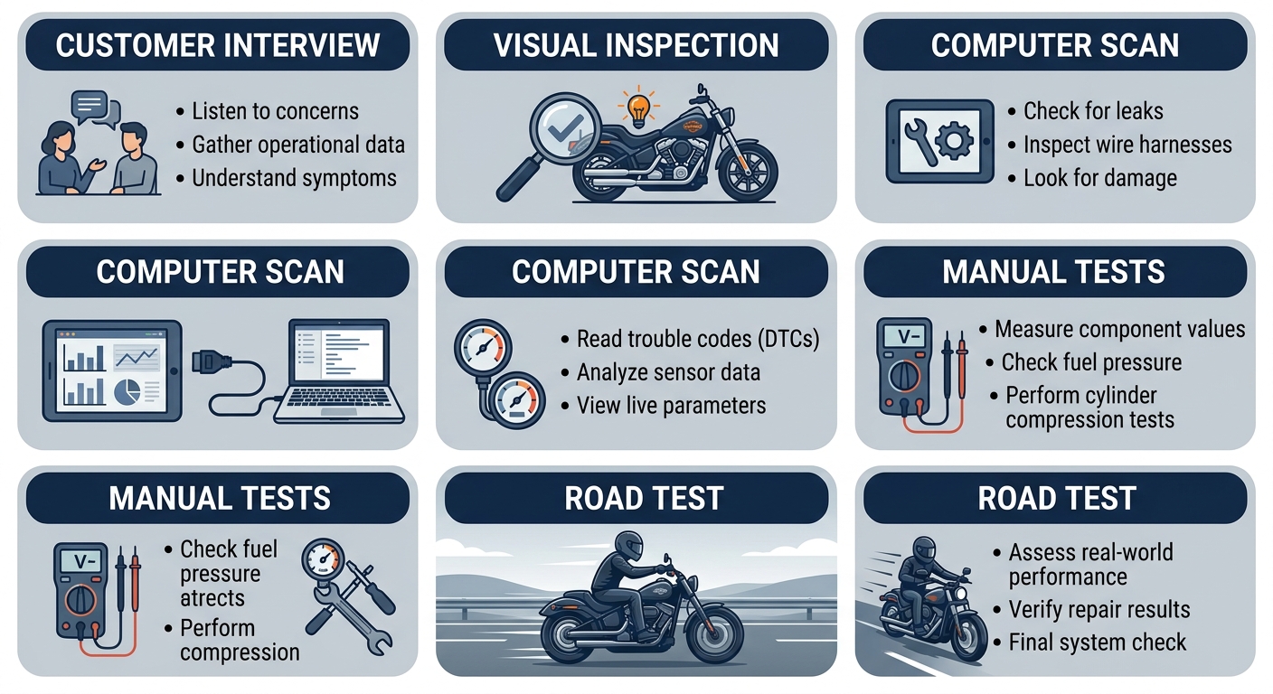 Five-step vertical Harley Davidson engine diagnostic process flow diagram