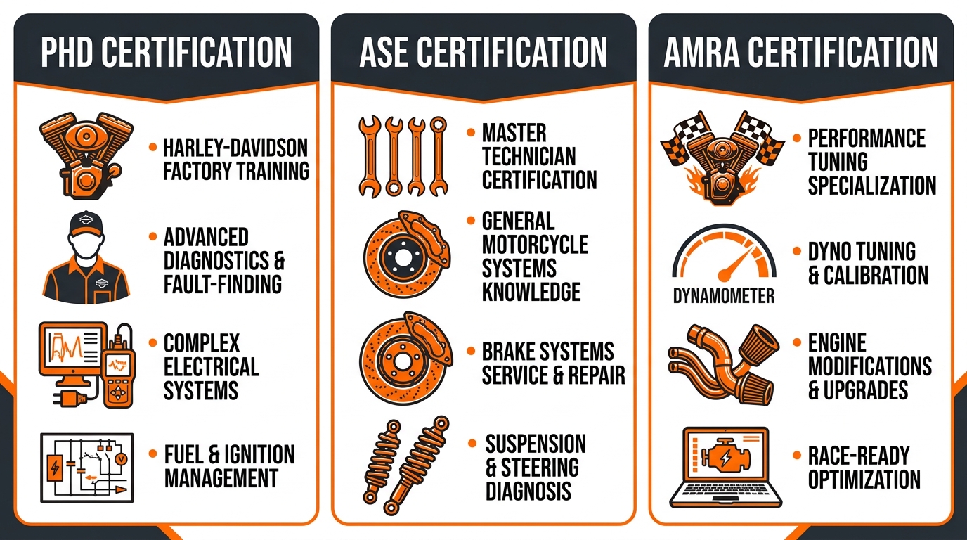 Visual comparison of three motorcycle mechanic certifications: Harley-Davidson PHD, ASE, and AMRA, highlighting their areas of expertise.