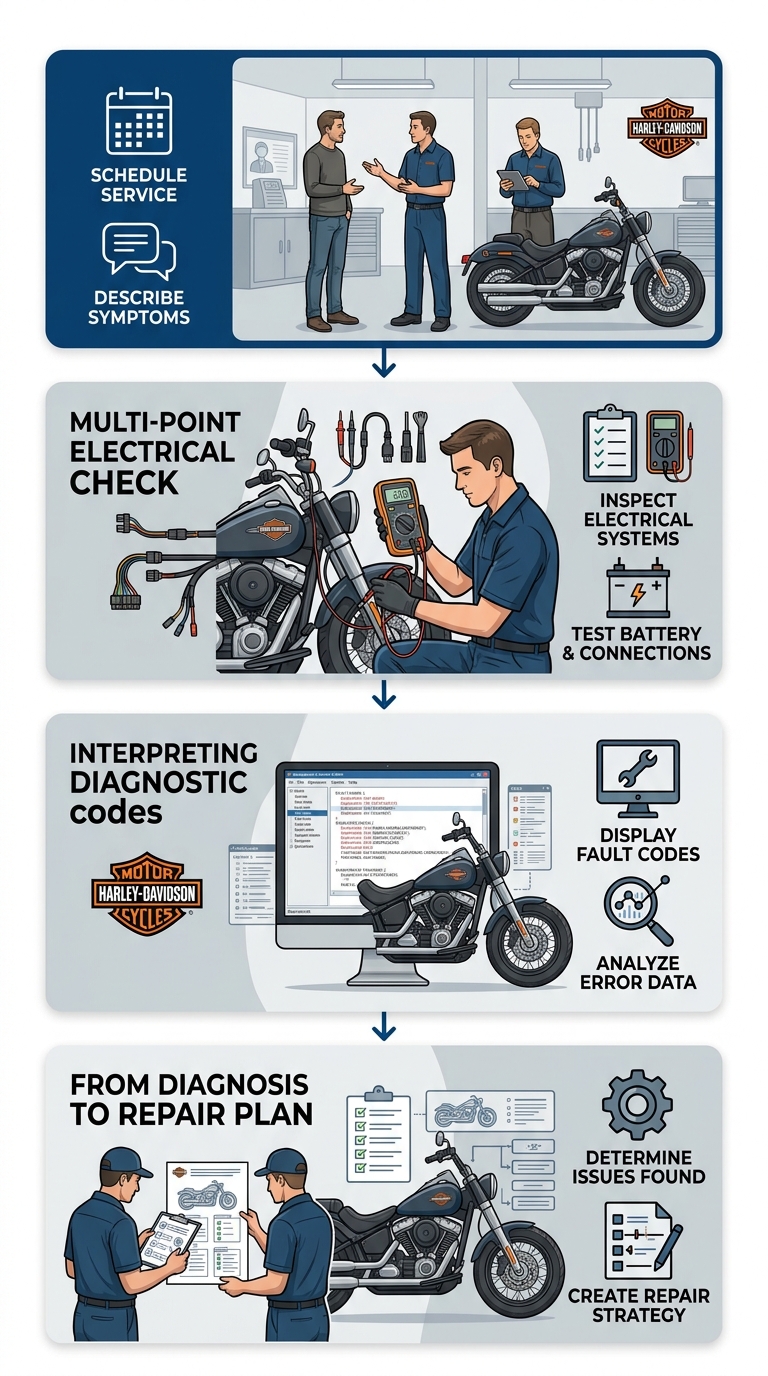 Vertical 4-step motorcycle diagnostic process flow for Harley Davidson bikes.