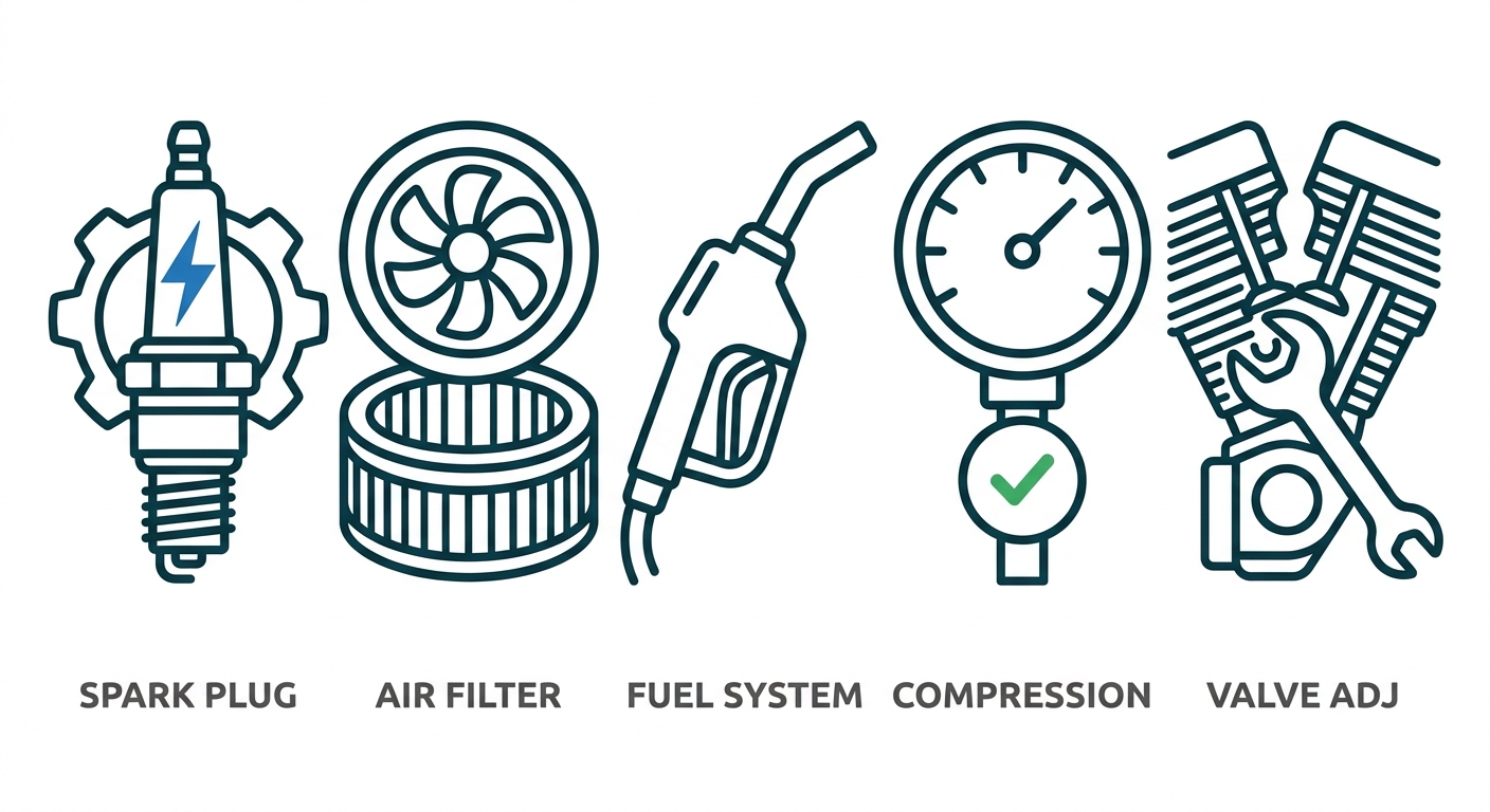 Five outline icons representing spark plug, air filter, fuel system, compression check, and valve adjustment for a professional Harley-Davidson motorcycle tune-up service.