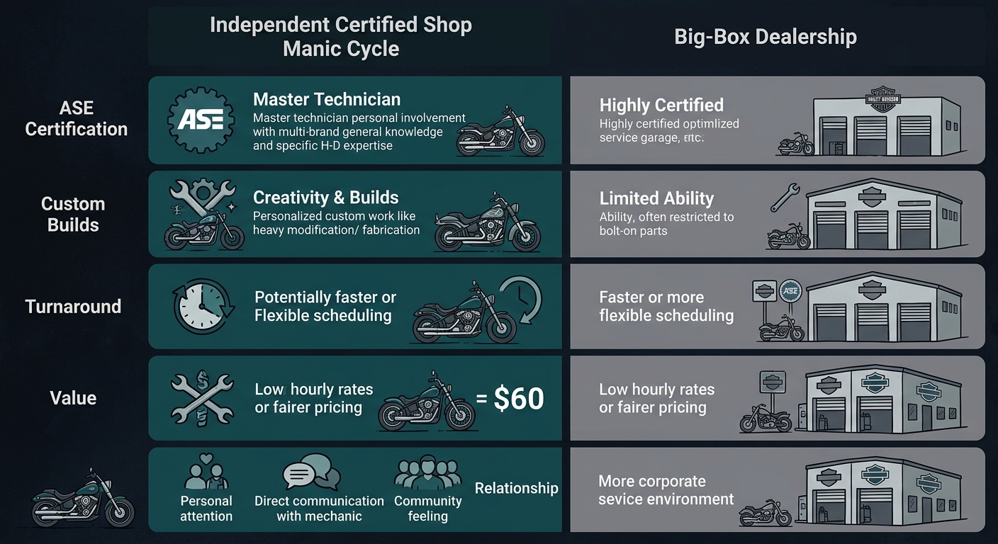 Service comparison infographic between Manic Cycle independent shop and dealership repair options