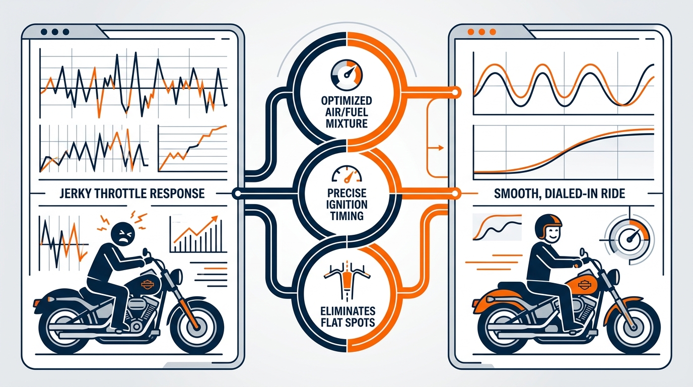 Visual comparison between poor and optimized Harley-Davidson throttle response and its core benefits.