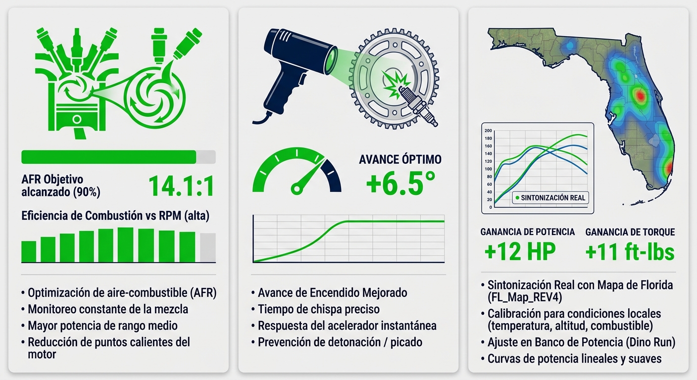 Infografía de tres columnas que muestra los beneficios de la optimización del rendimiento Harley: AFR Optimizado, Encendido Avanzado y Sintonización Real.